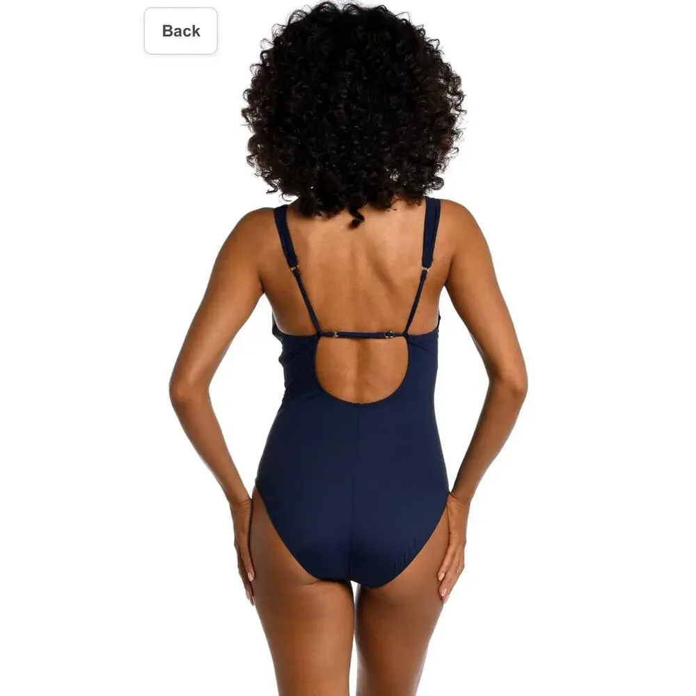 NWT Ladies La Blanca Blue Island Goddess Cross Front Keyhole Swimsuit - Size 10
